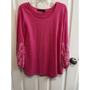 Susan Graver Weekend XL Peasant Top Pink White Eyelet Embroidery On Sleeve